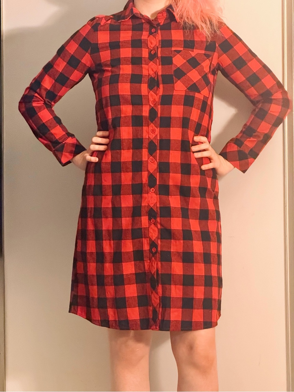 Red and Black Plaid Button-Front Shirt Dress